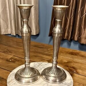 2 VTG 1990s Antique Style Beaded Trim 12" Silver Color SEARS Candlesticks HEAVY!